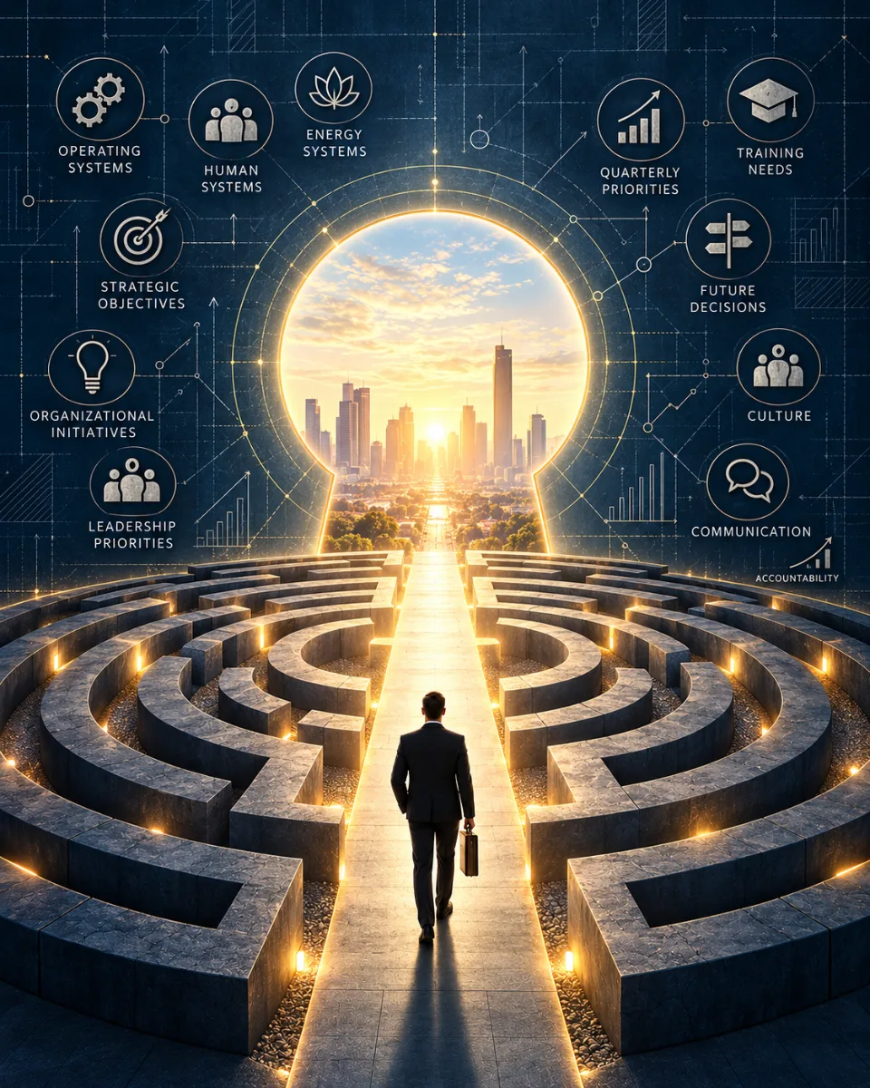 A leader walks a lit path through a labyrinth toward a keyhole opening onto a sunrise city, surrounded by icons for Operating, Human and Energy Systems